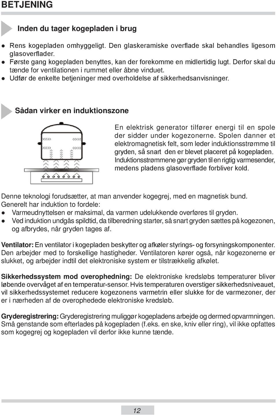 Udfør de enkelte betjeninger med overholdelse af sik ker hed sa nvi snin ger. Sådan virker en induktionszone En elektrisk generator tilfører energi til en spole der sidder under kogezonerne.