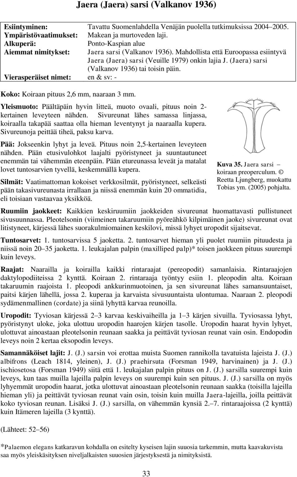 (Jaera) sarsi (Valkanov 1936) tai toisin päin. Vierasperäiset nimet: en & sv: - Koko: Koiraan pituus 2,6 mm, naaraan 3 mm.