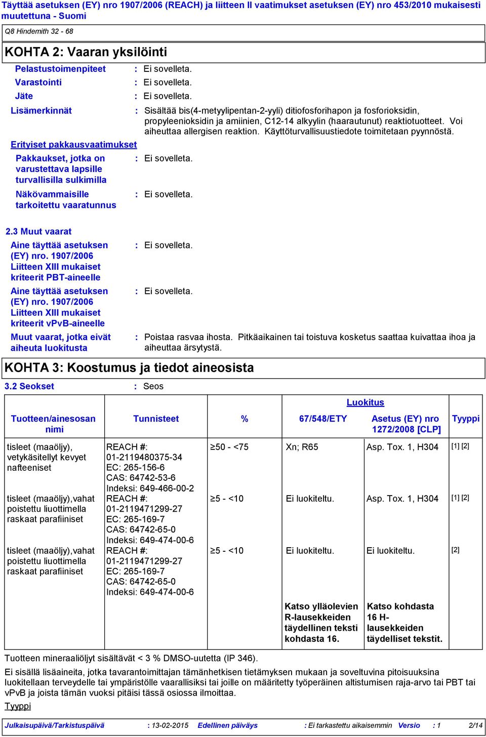 Voi aiheuttaa allergisen reaktion. Käyttöturvallisuustiedote toimitetaan pyynnöstä. 2.3 Muut vaarat Aine täyttää asetuksen (EY) nro.