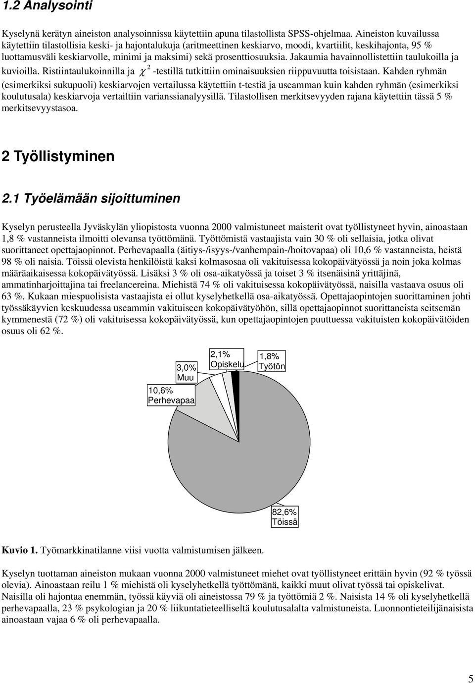 prosenttiosuuksia. Jakaumia havainnollistettiin taulukoilla ja 2 kuvioilla. Ristiintaulukoinnilla ja χ -testillä tutkittiin ominaisuuksien riippuvuutta toisistaan.