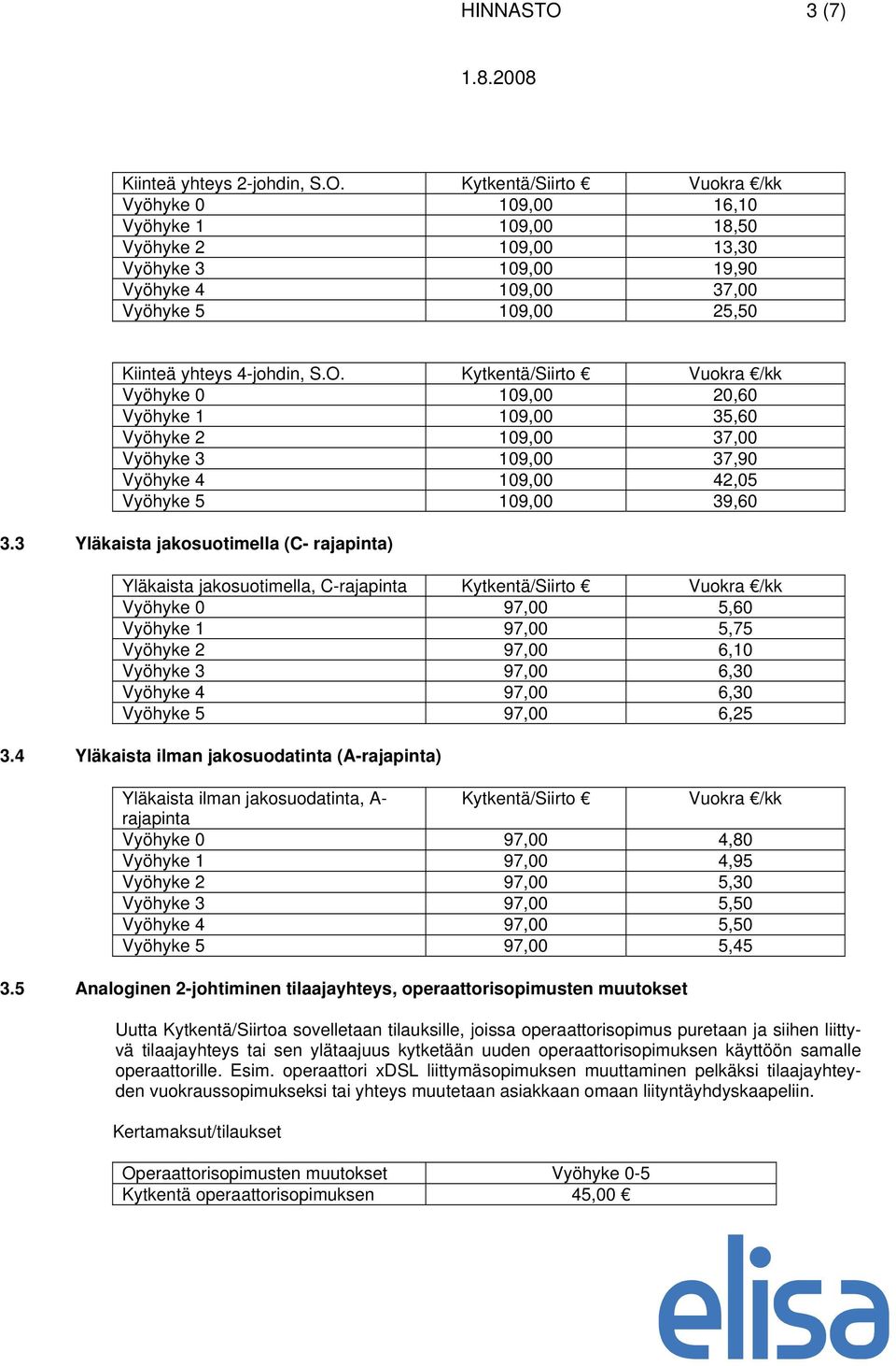 Kytkentä/Siirto Vuokra /kk Vyöhyke 0 109,00 16,10 Vyöhyke 1 109,00 18,50 Vyöhyke 2 109,00 13,30 Vyöhyke 3 109,00 19,90 Vyöhyke 4 109,00 37,00 Vyöhyke 5 109,00 25,50 Kiinteä yhteys 4-johdin, S.O.