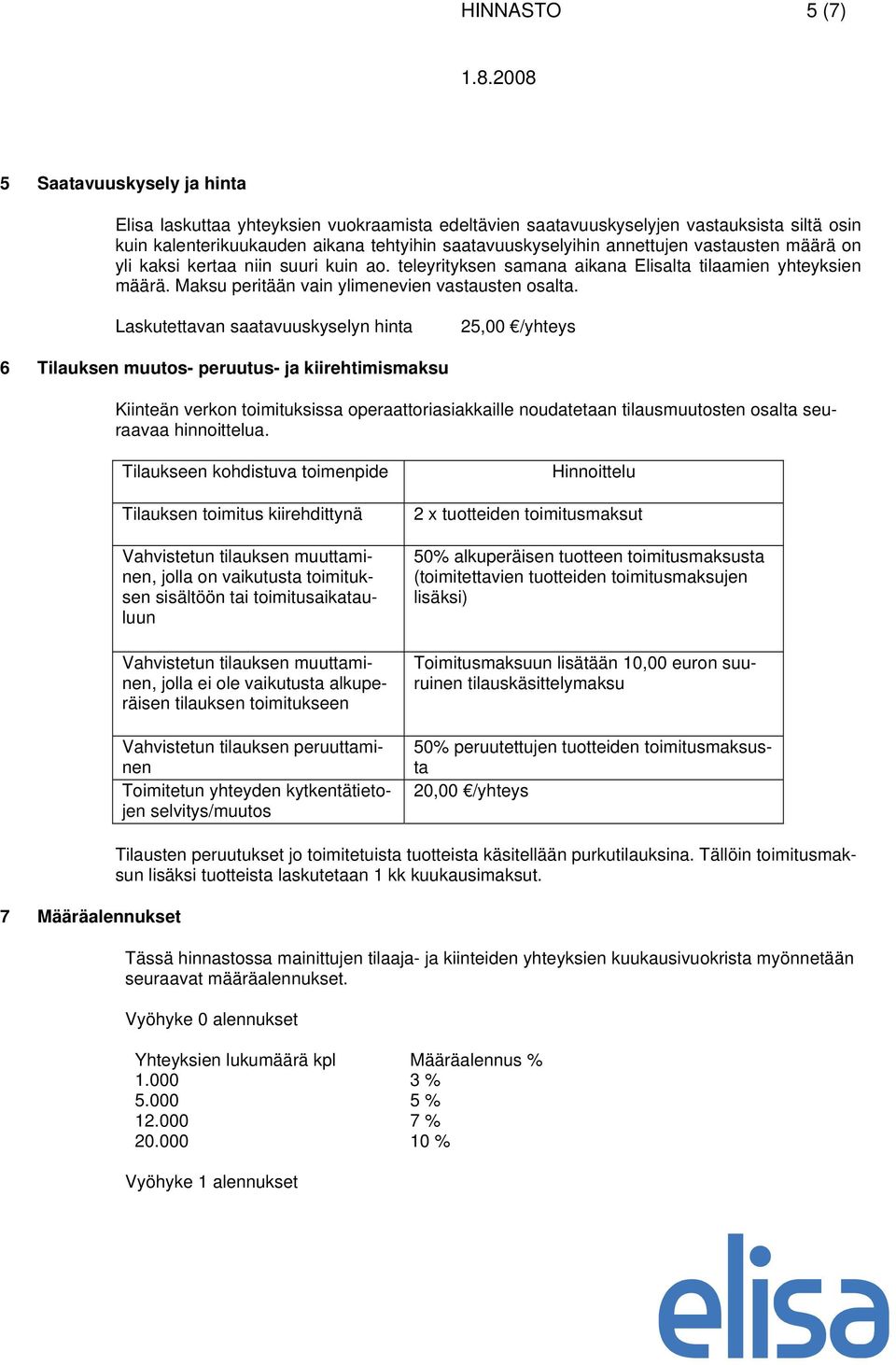 Laskutettavan saatavuuskyselyn hinta 25,00 /yhteys 6 Tilauksen muutos- peruutus- ja kiirehtimismaksu Kiinteän verkon toimituksissa operaattoriasiakkaille noudatetaan tilausmuutosten osalta seuraavaa