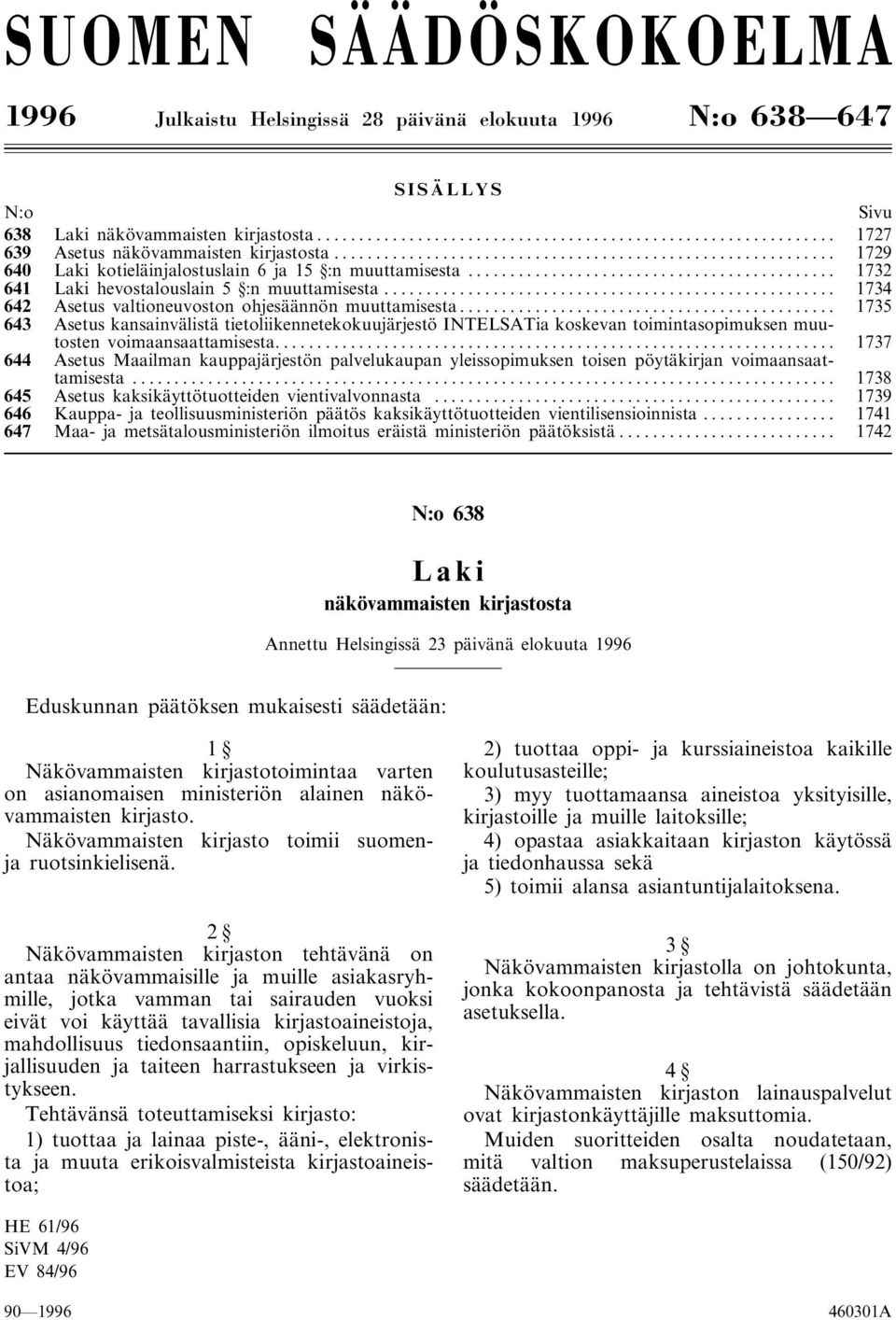 .. 1735 643 Asetus kansainvälistä tietoliikennetekokuujärjestö INTELSATia koskevan toimintasopimuksen muutosten voimaansaattamisesta.