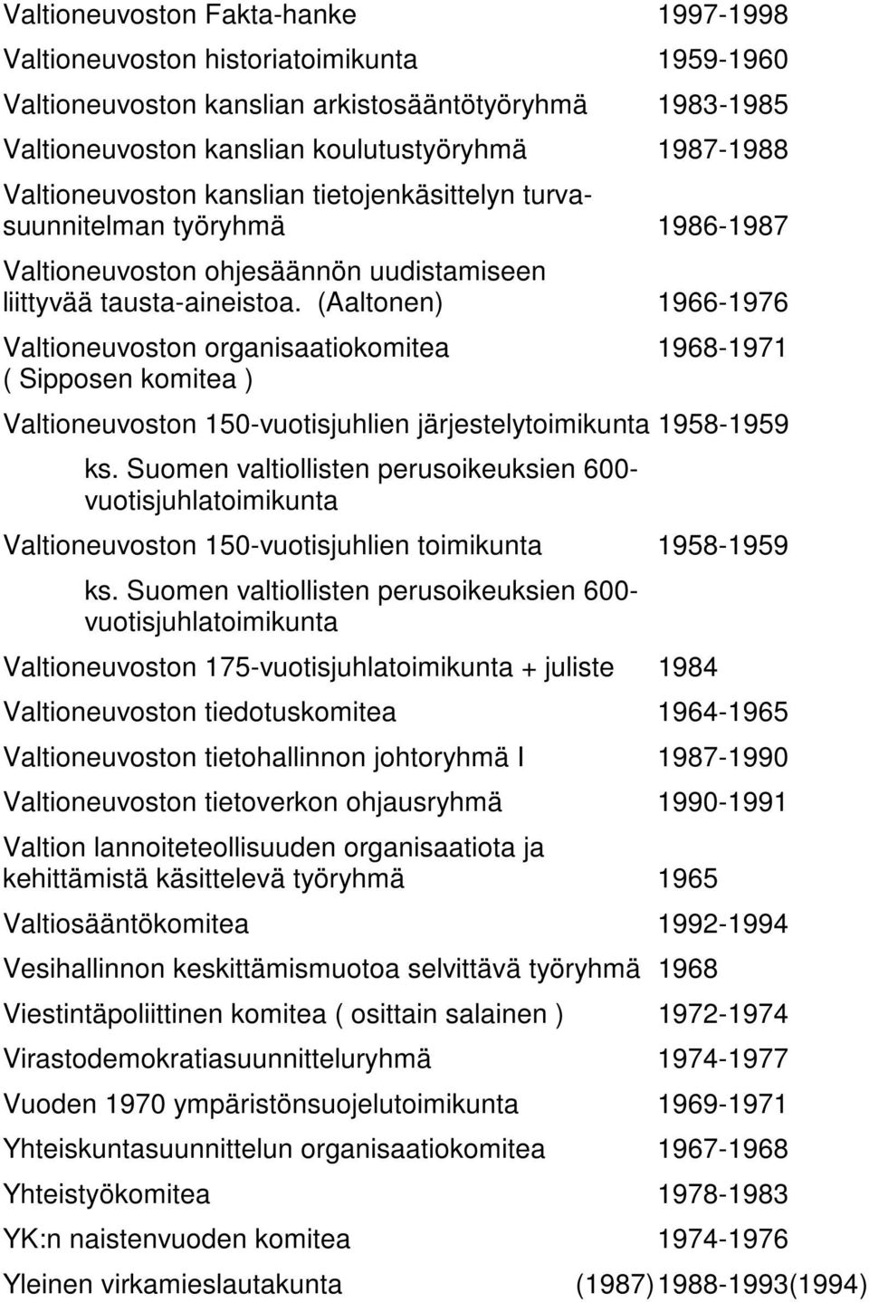 (Aaltonen) 1966-1976 Valtioneuvoston organisaatiokomitea 1968-1971 ( Sipposen komitea ) Valtioneuvoston 150-vuotisjuhlien järjestelytoimikunta 1958-1959 ks.