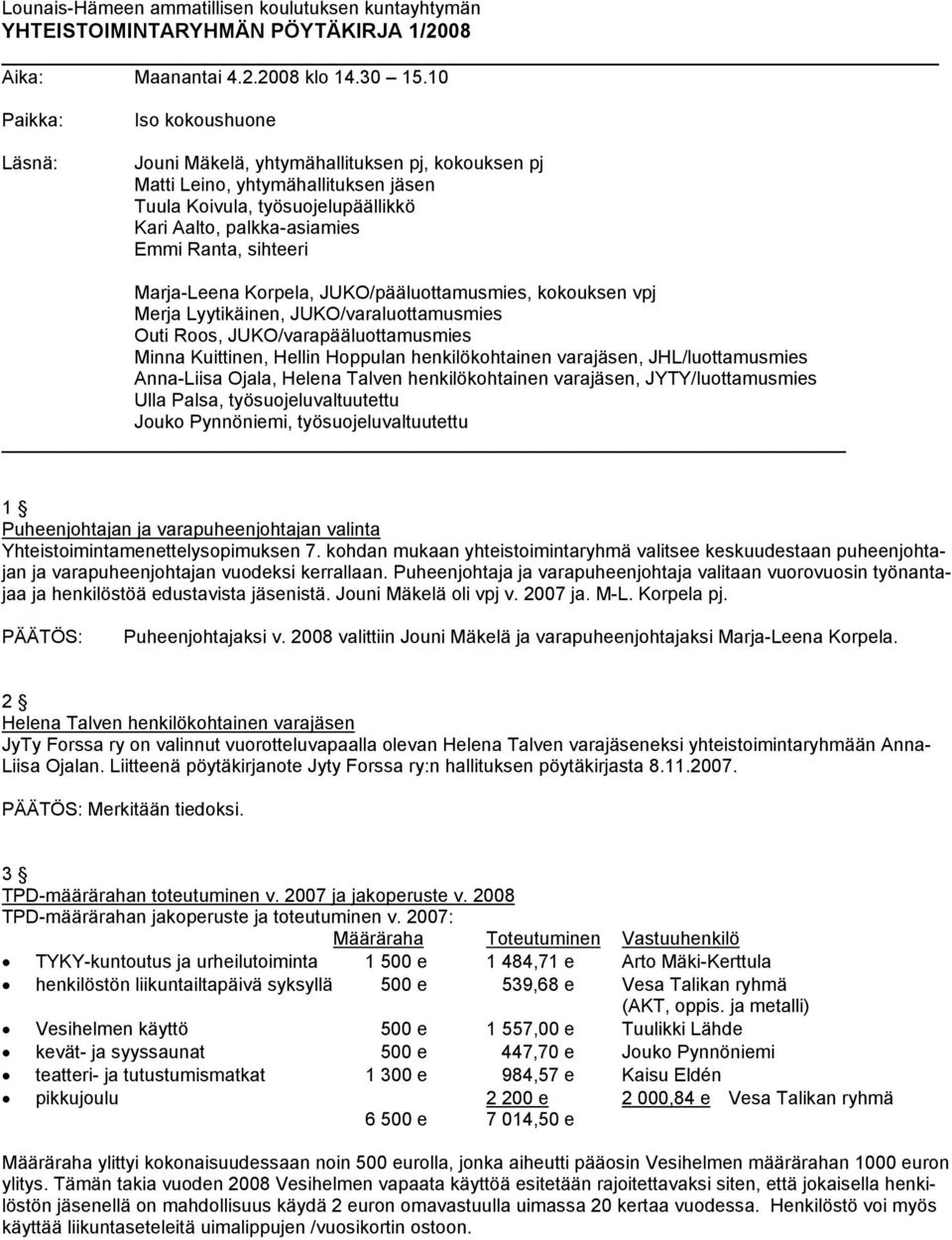 sihteeri Marja-Leena Korpela, JUKO/pääluottamusmies, kokouksen vpj Merja Lyytikäinen, JUKO/varaluottamusmies Outi Roos, JUKO/varapääluottamusmies Minna Kuittinen, Hellin Hoppulan henkilökohtainen