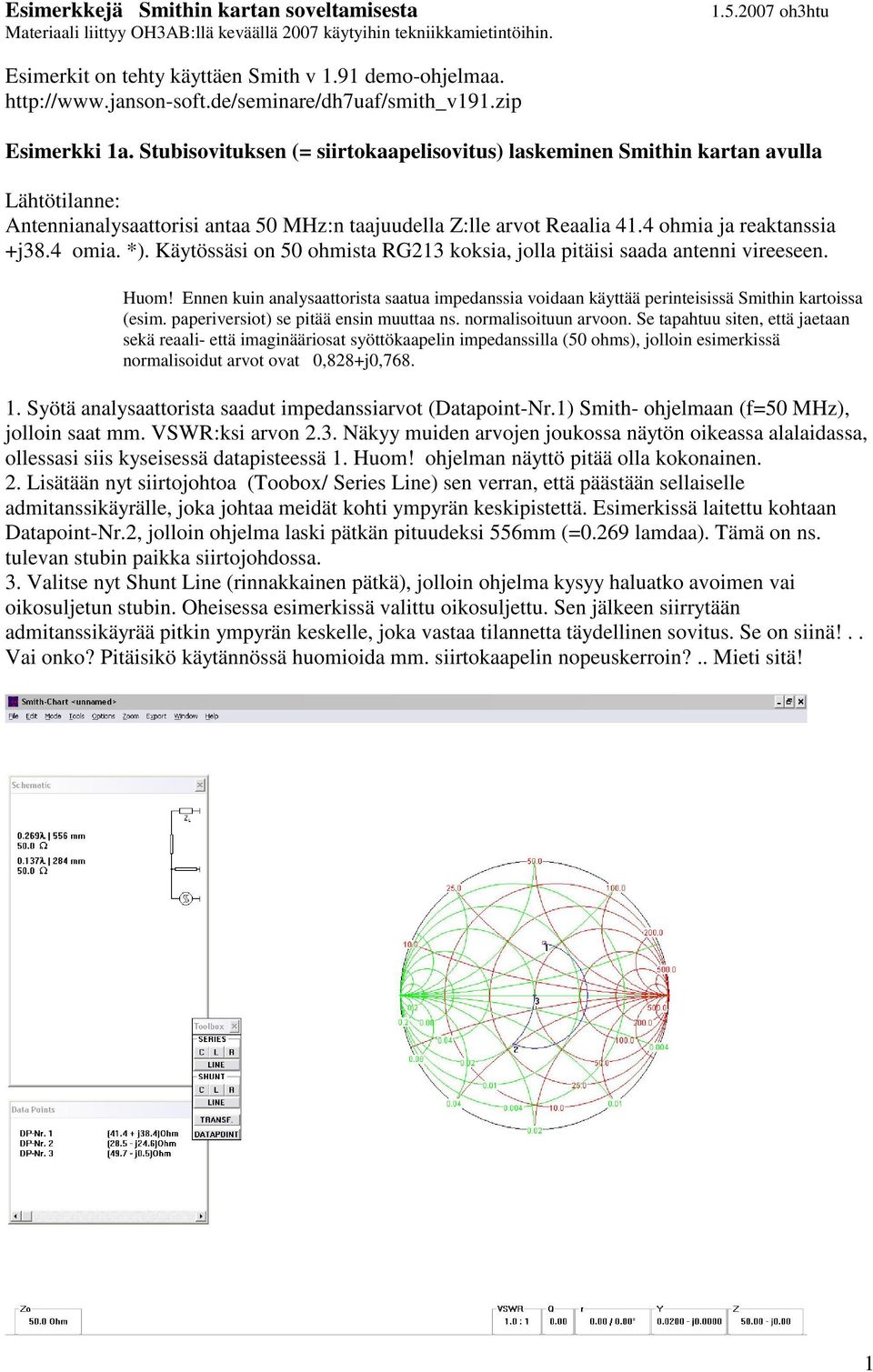 Stubisovituksen (= siirtokaapelisovitus) laskeminen Smithin kartan avulla Lähtötilanne: Antennianalysaattorisi antaa 50 MHz:n taajuudella Z:lle arvot Reaalia 41.4 ohmia ja reaktanssia +j38.4 omia. *).