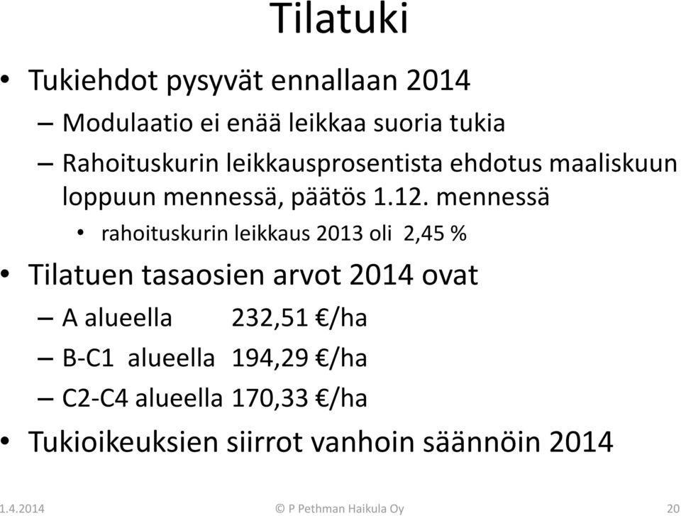 mennessä rahoituskurin leikkaus 2013 oli 2,45 % Tilatuen tasaosien arvot 2014 ovat A alueella