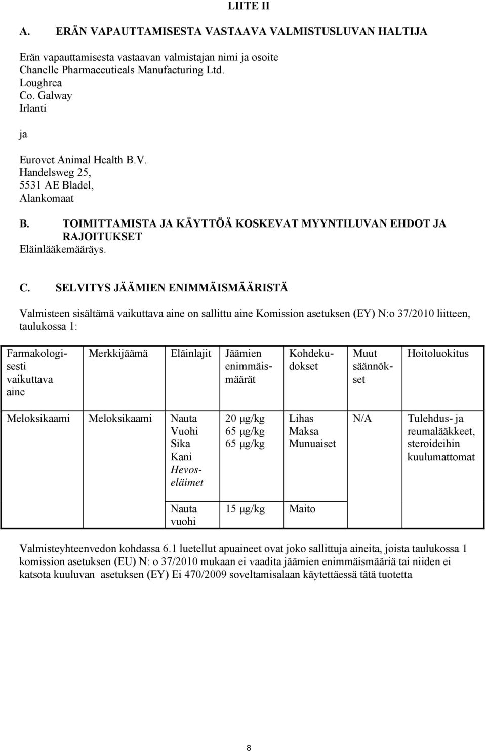 SELVITYS JÄÄMIEN ENIMMÄISMÄÄRISTÄ Valmisteen sisältämä vaikuttava aine on sallittu aine Komission asetuksen (EY) N:o 37/2010 liitteen, taulukossa 1: Farmakologisesti vaikuttava aine Merkkijäämä