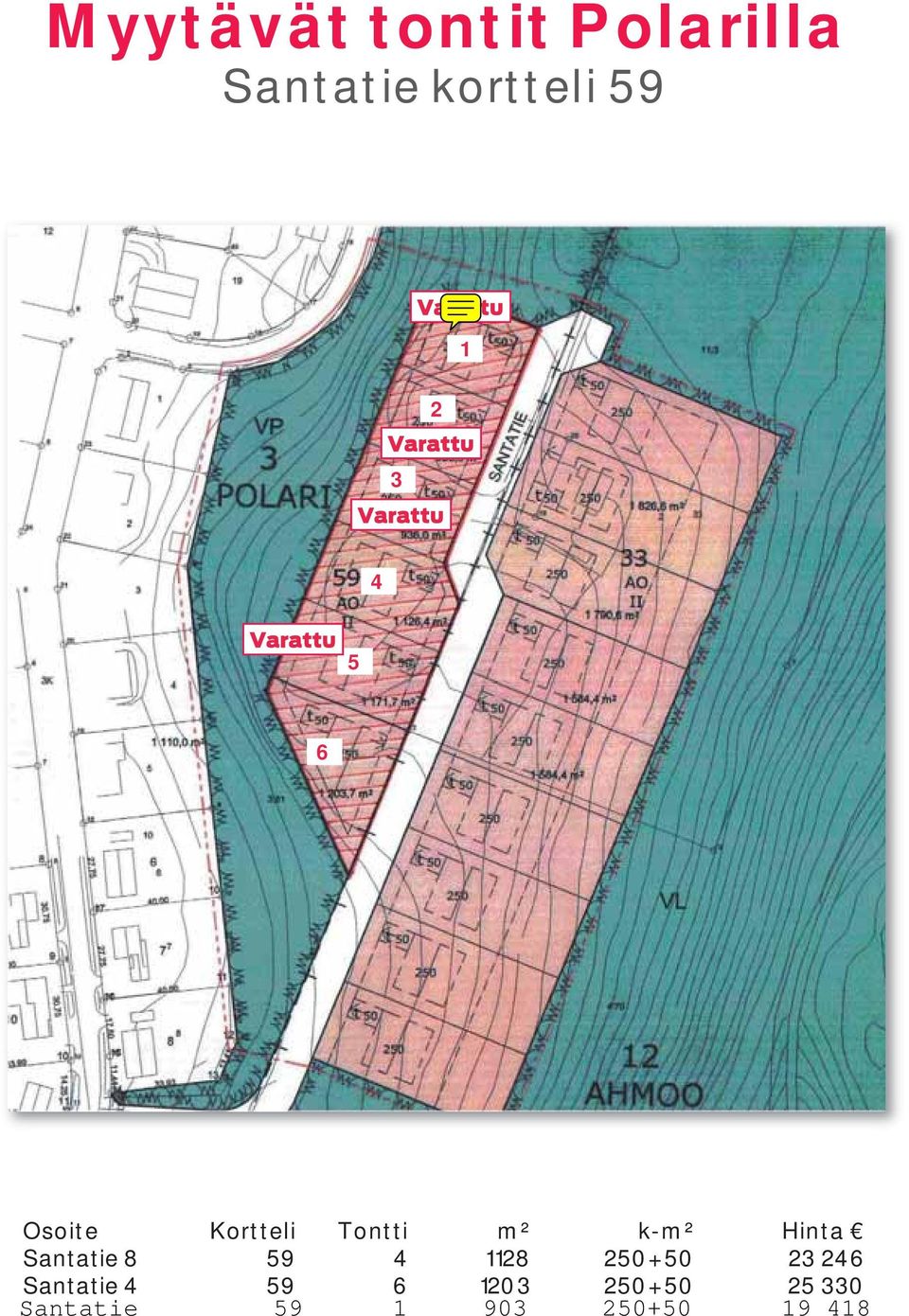 Tontti m² k-m² Hinta Santatie 8 59 4 1128