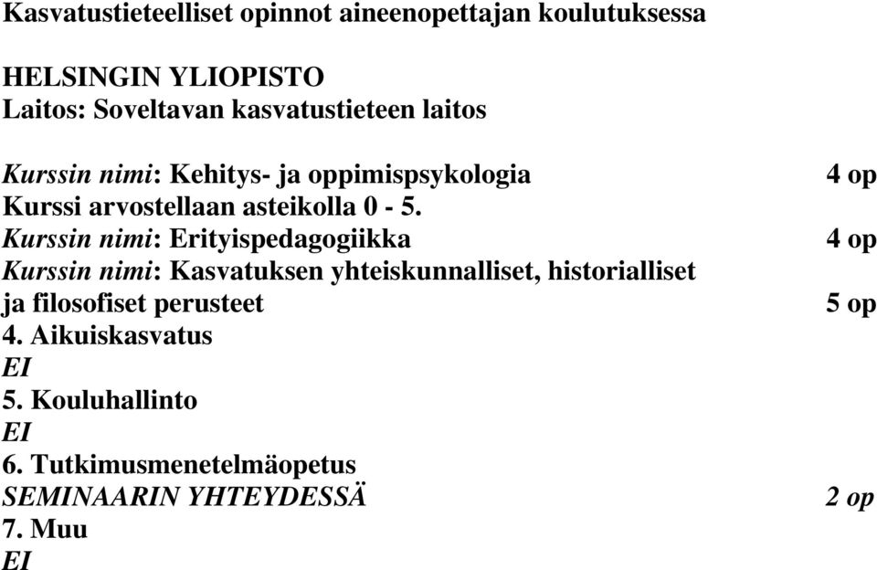 Kurssin nimi: Erityispedagogiikka 4 op Kurssin nimi: Kasvatuksen yhteiskunnalliset, historialliset ja