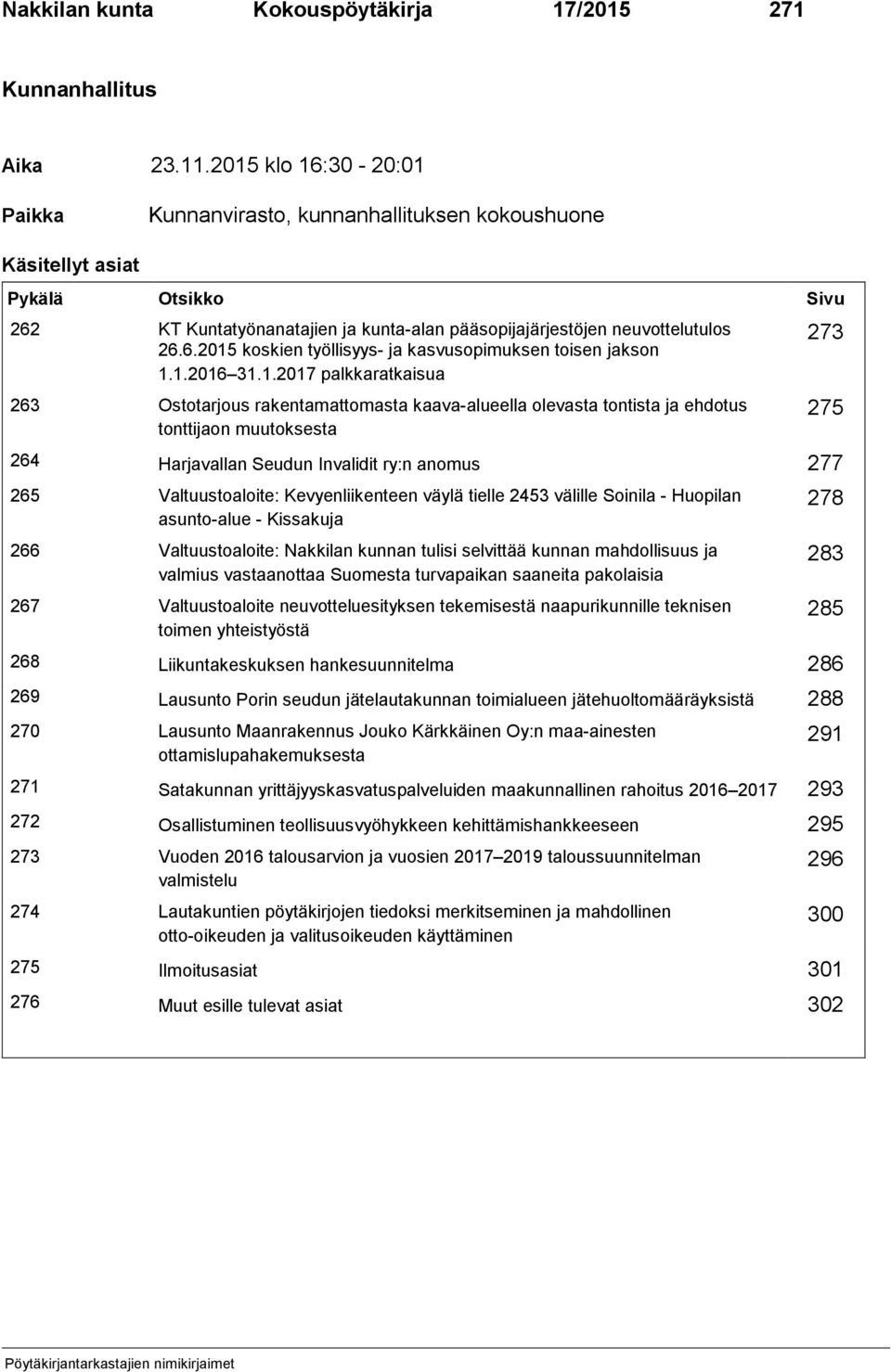 1.2016 31.1.2017 palkkaratkaisua 263 Ostotarjous rakentamattomasta kaava-alueella olevasta tontista ja ehdotus tonttijaon muutoksesta 264 Harjavallan Seudun Invalidit ry:n anomus 277 265