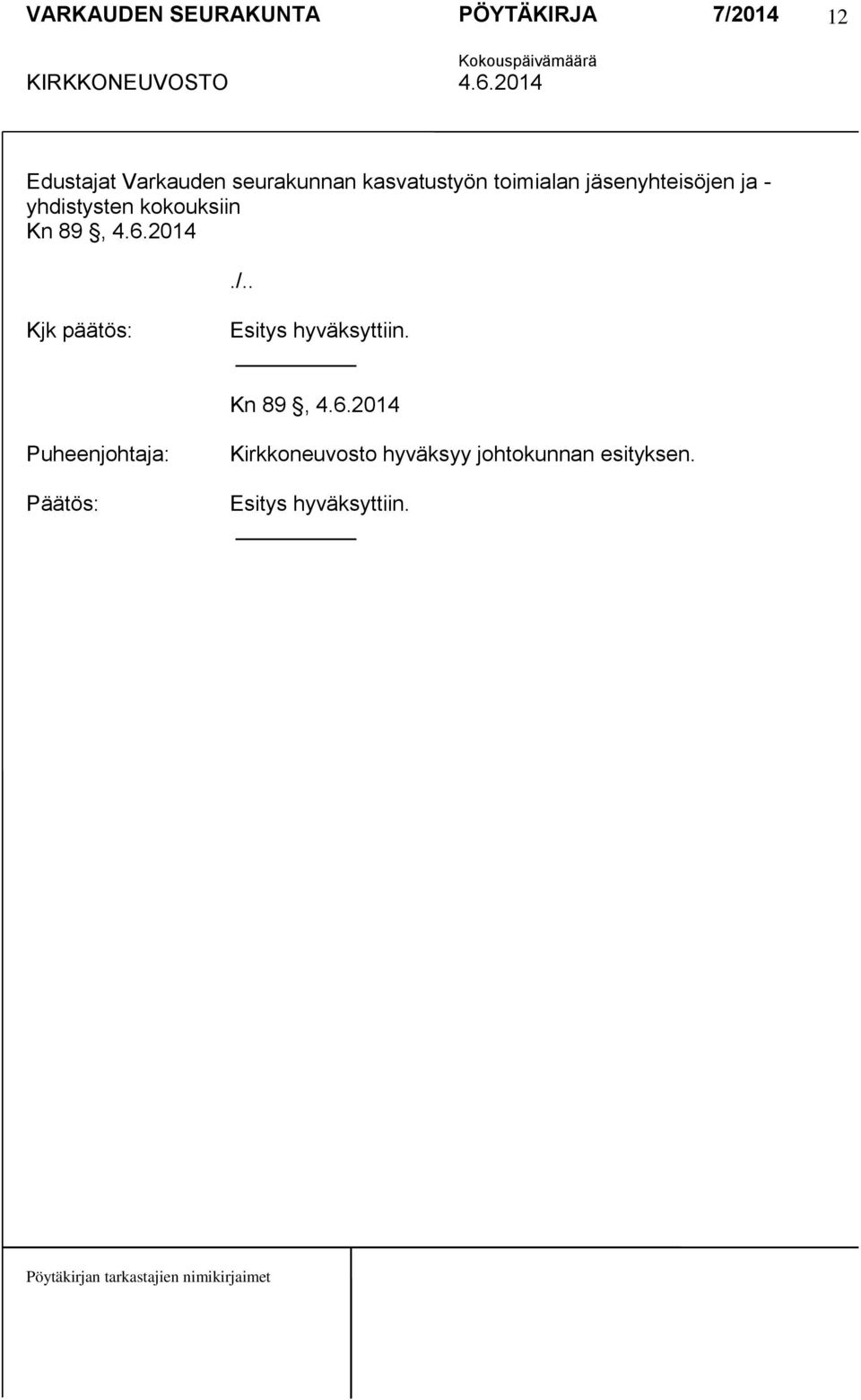 /.. Kjk päätös: Esitys hyväksyttiin. Kn 89, 4.6.