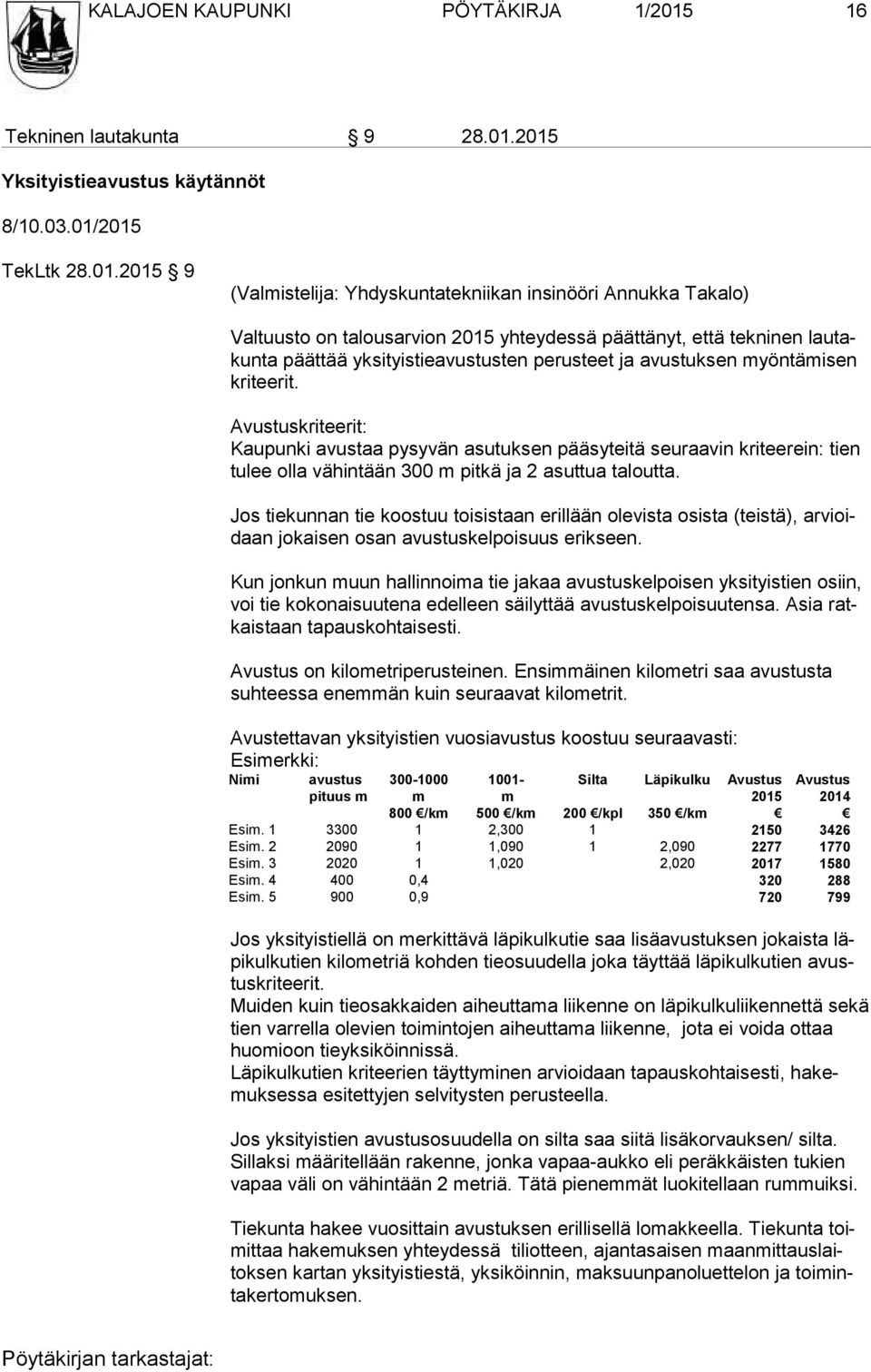 2015 Yksityistieavustus käytännöt 8/10.03.01/2015 TekLtk 28.01.2015 9 (Valmistelija: Yhdyskuntatekniikan insinööri Annukka Takalo) Valtuusto on talousarvion 2015 yhteydessä päättänyt, että tekninen