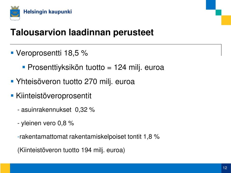 euroa Kiinteistöveroprosentit - asuinrakennukset 0,32 % - yleinen vero