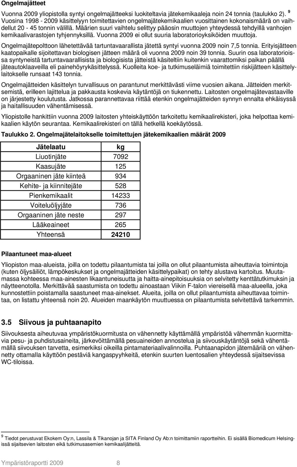 Määrien suuri vaihtelu selittyy pääosin muuttojen yhteydessä tehdyillä vanhojen kemikaalivarastojen tyhjennyksillä. Vuonna 2009 ei ollut suuria laboratorioyksiköiden muuttoja.