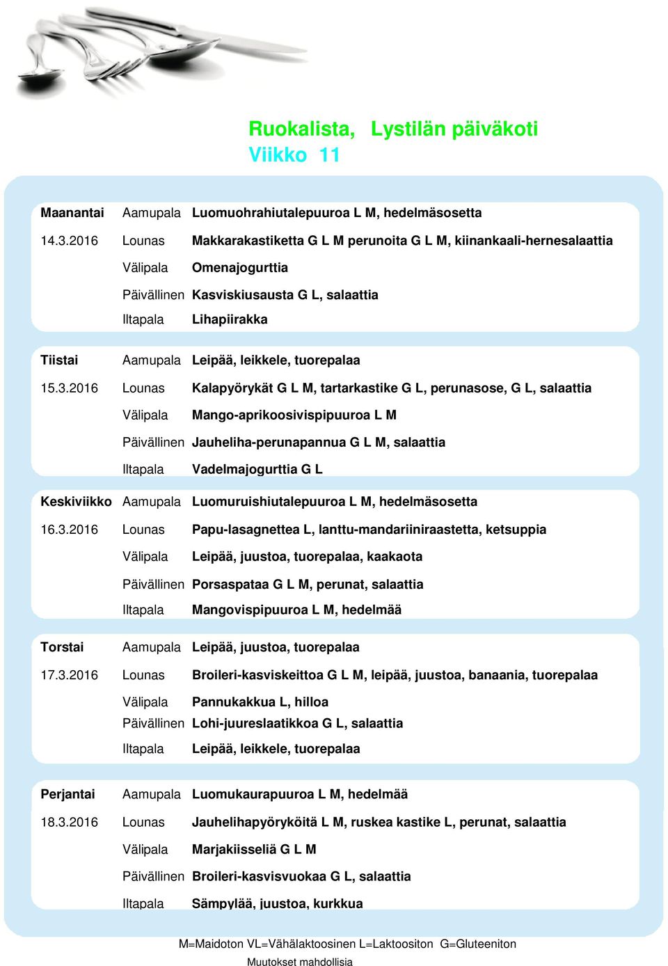 3.2016 Lounas Kalapyörykät G L M, tartarkastike G L, perunasose, G L, salaattia Mango-aprikoosivispipuuroa L M Päivällinen Jauheliha-perunapannua G L M, salaattia Vadelmajogurttia G L