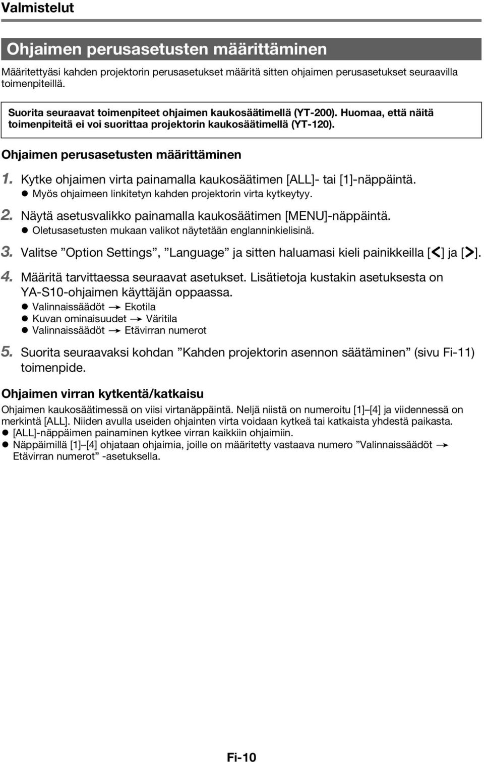 Kytke ohjaimen virta painamalla kaukosäätimen [ALL]- tai [1]-näppäintä. Myös ohjaimeen linkitetyn kahden projektorin virta kytkeytyy. 2. Näytä asetusvalikko painamalla kaukosäätimen [MENU]-näppäintä.