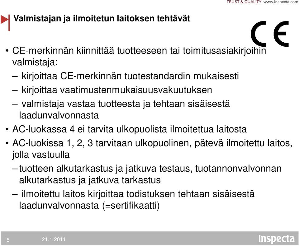 ei tarvita ulkopuolista ilmoitettua laitosta AC-luokissa 1, 2, 3 tarvitaan ulkopuolinen, pätevä ilmoitettu laitos, jolla vastuulla tuotteen alkutarkastus