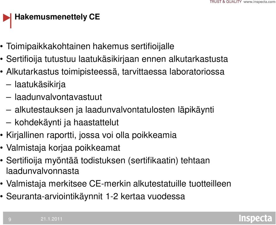 kohdekäynti ja haastattelut Kirjallinen raportti, jossa voi olla poikkeamia Valmistaja korjaa poikkeamat Sertifioija myöntää todistuksen