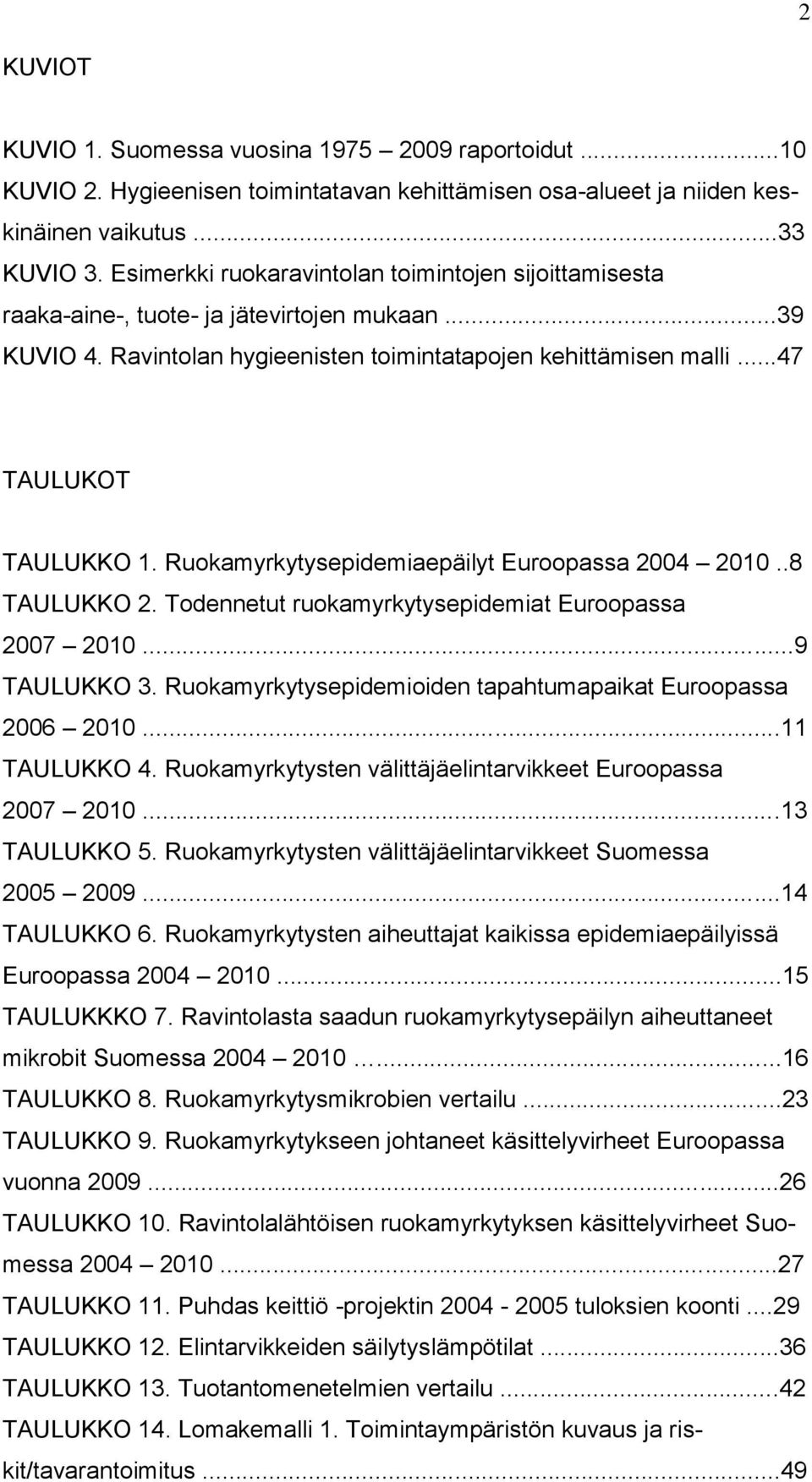 Ruokamyrkytysepidemiaepäilyt Euroopassa 2004 2010..8 TAULUKKO 2. Todennetut ruokamyrkytysepidemiat Euroopassa 2007 2010...9 TAULUKKO 3. Ruokamyrkytysepidemioiden tapahtumapaikat Euroopassa 2006 2010.