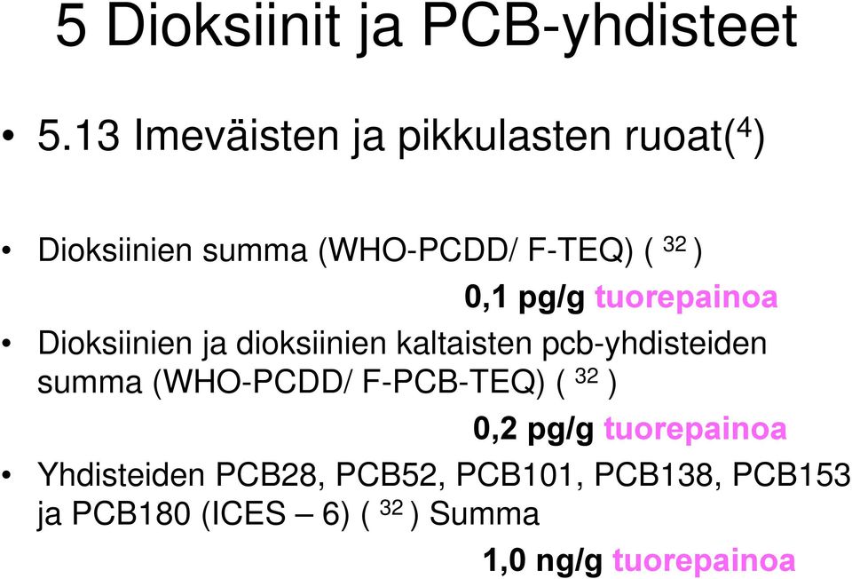 pg/g tuorepainoa Dioksiinien ja dioksiinien kaltaisten pcb-yhdisteiden summa
