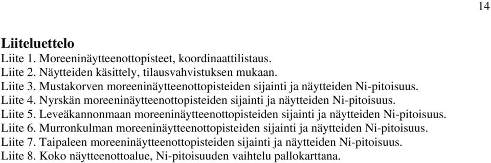 Liite 5. Leveäkannonmaan moreeninäytteenottopisteiden sijainti ja näytteiden Ni-pitoisuus. Liite 6.