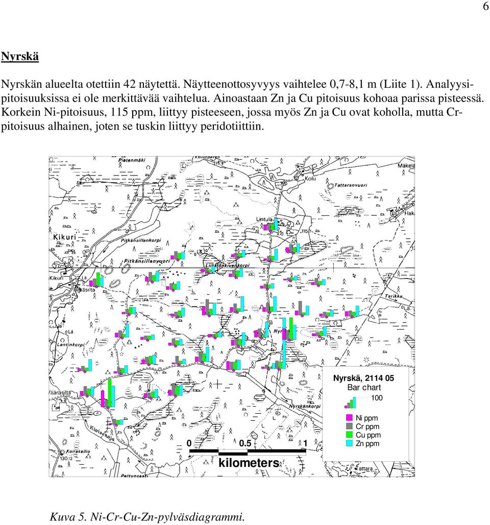 Korkein Ni-pitoisuus, 115 ppm, liittyy pisteeseen, jossa myös Zn ja Cu ovat koholla, mutta Crpitoisuus alhainen, joten