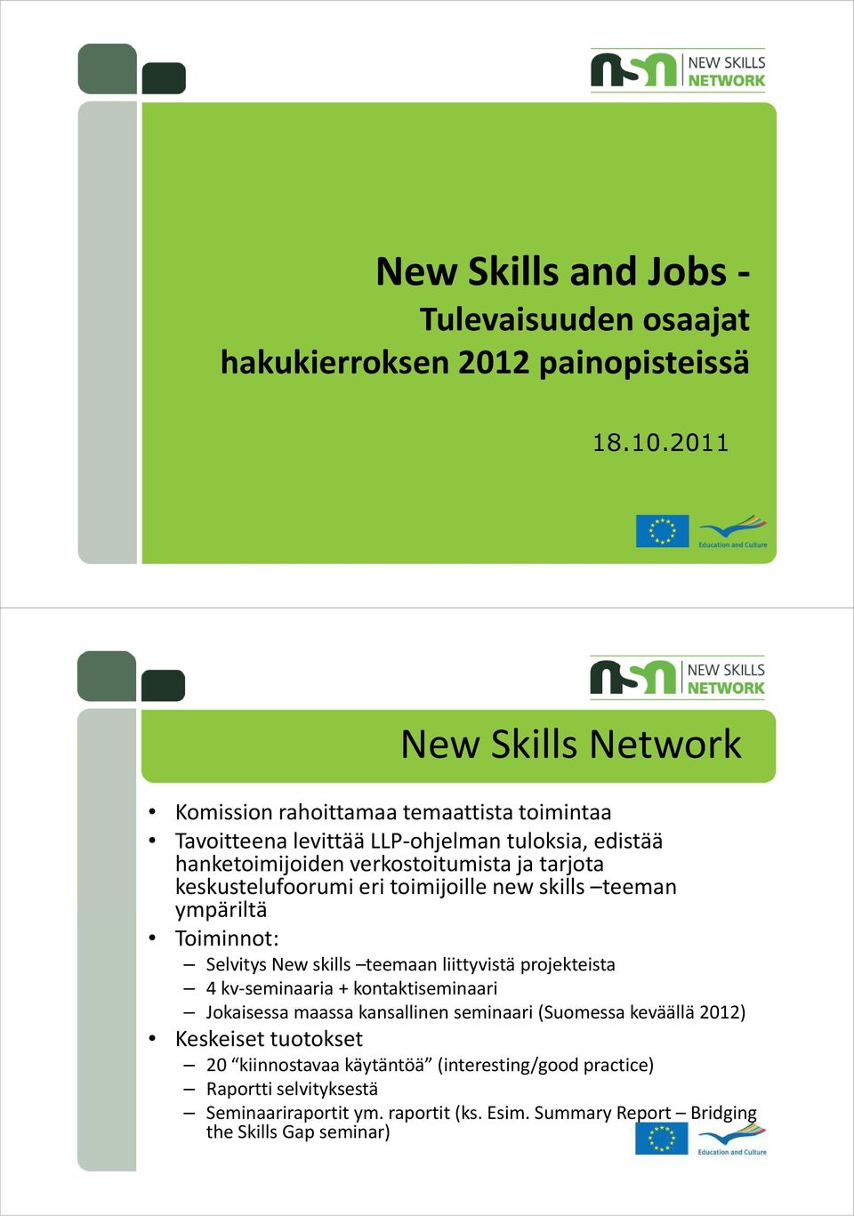 keskustelufoorumi eri toimijoille new skills teeman ympäriltä Toiminnot: Selvitys New skills teemaan liittyvistä projekteista 4 kv-seminaaria + kontaktiseminaari