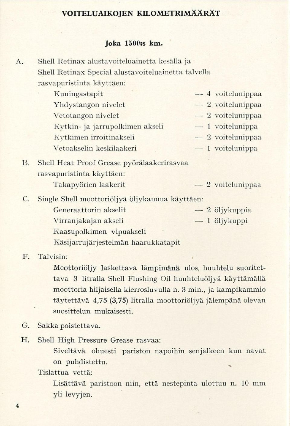 jarrupolkimen akseli Kytkimen irroitinakseli Vetoakselin keskilaakeri 1 voitelunippa voitelunippa 13. Shell Heat Proof Grease pyörälaakerirasvaa rasvapuristinta käyttäen: Takapyörien laakerit C.