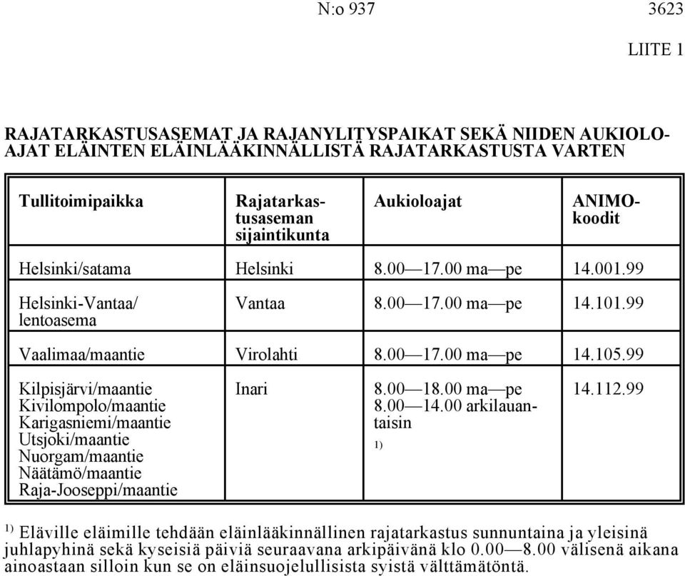 99 Kilpisjärvi/maantie Inari 8.00 18.00 ma pe 14.112.99 Kivilompolo/maantie 8.00 14.