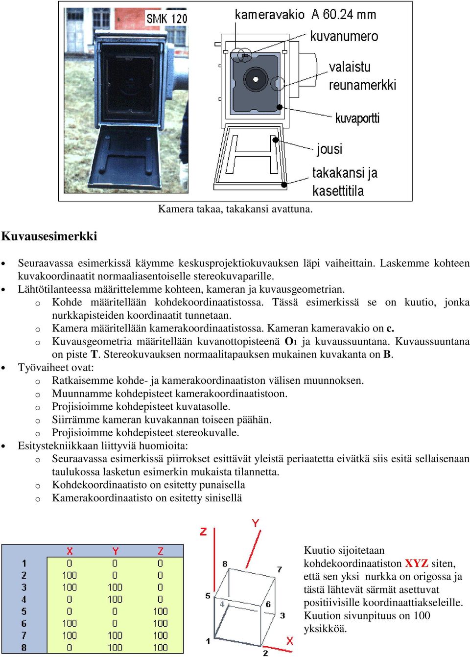 o Kamera määritellään kamerakoordinaatistossa. Kameran kameravakio on c. o Kuvausgeometria määritellään kuvanottopisteenä O1 ja kuvaussuuntana. Kuvaussuuntana on piste T.