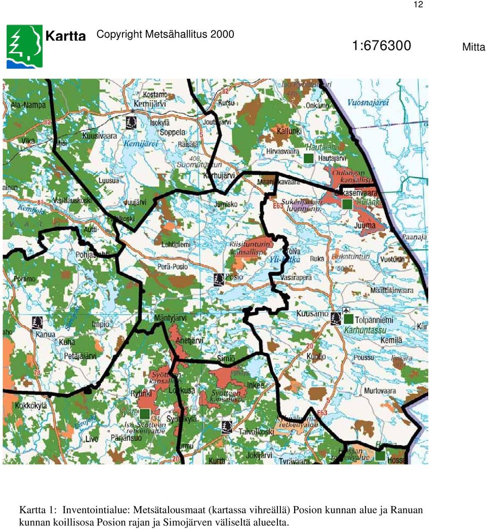 (kartassa vihreällä) Posion kunnan alue ja Ranuan