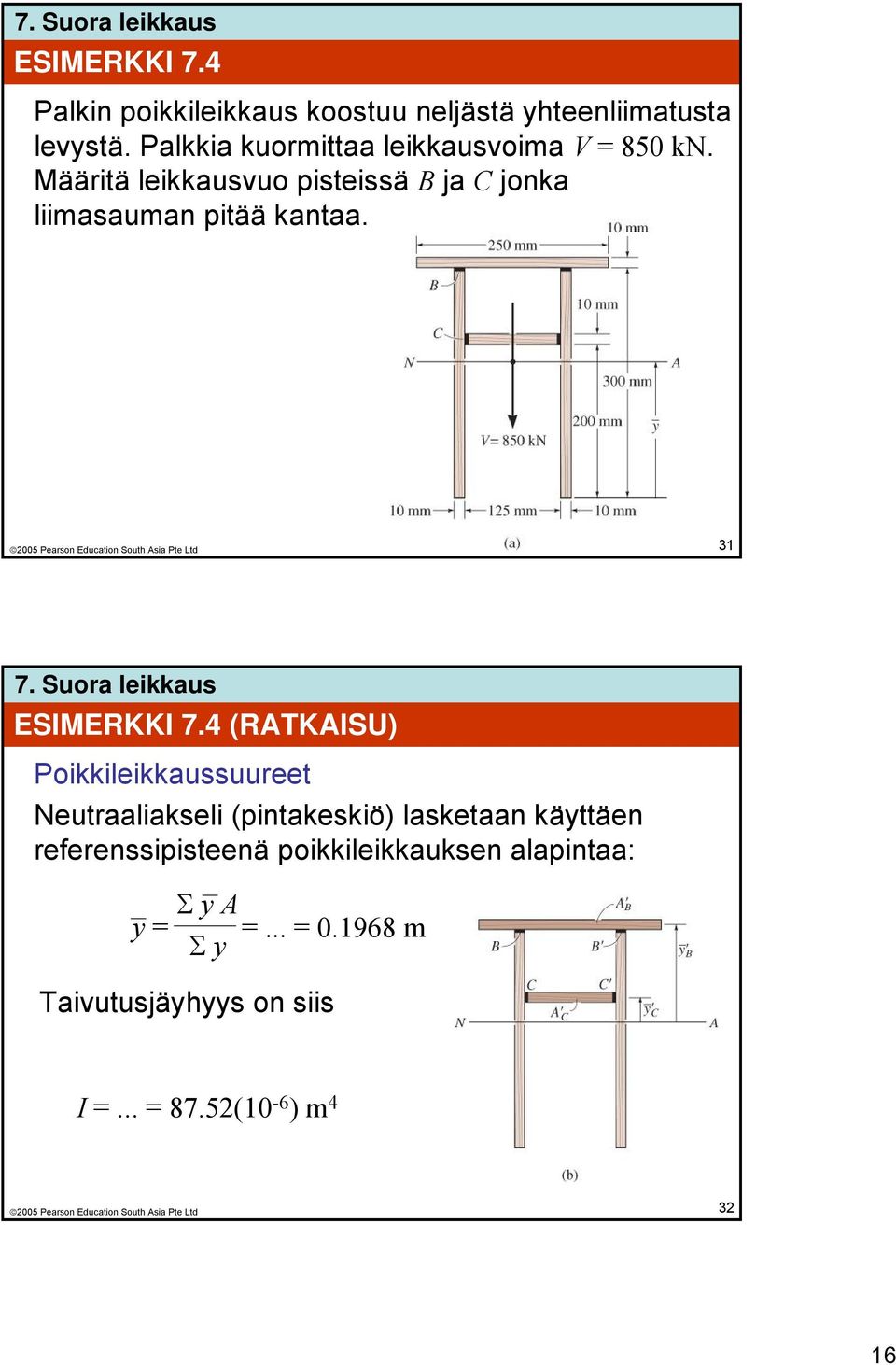 Määritä leikkausvuo pisteissä B ja C jonka liimasauman pitää kantaa. 31 ESIMERKKI 7.