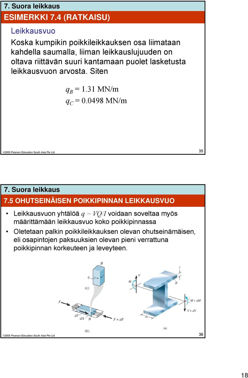 suuri kantamaan puolet lasketusta leikkausvuon arvosta. Siten q B = 1.31 MN/m q C = 0.0498 MN/m 35 7.