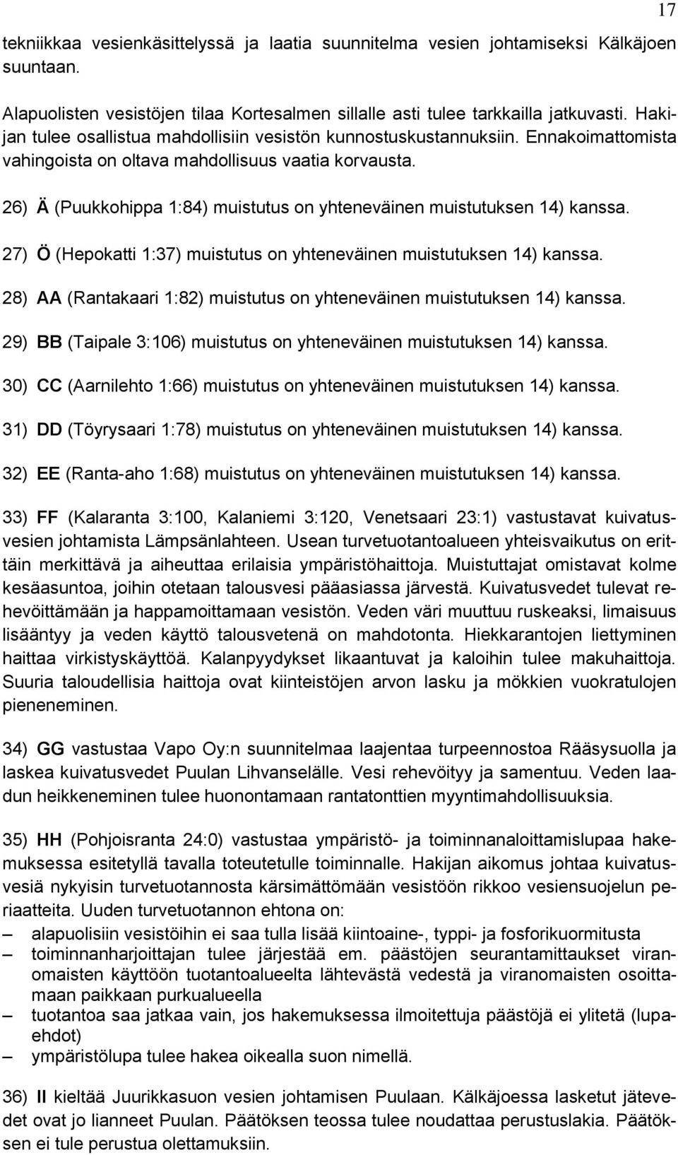 26) Ä (Puukkohippa 1:84) muistutus on yhteneväinen muistutuksen 14) kanssa. 27) Ö (Hepokatti 1:37) muistutus on yhteneväinen muistutuksen 14) kanssa.