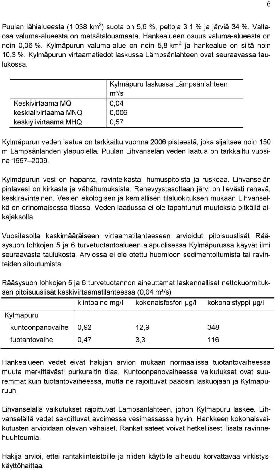 Kylmäpuru laskussa Lämpsänlahteen m³/s Keskivirtaama MQ 0,04 keskialivirtaama MNQ 0,006 keskiylivirtaama MHQ 0,57 Kylmäpurun veden laatua on tarkkailtu vuonna 2006 pisteestä, joka sijaitsee noin 150