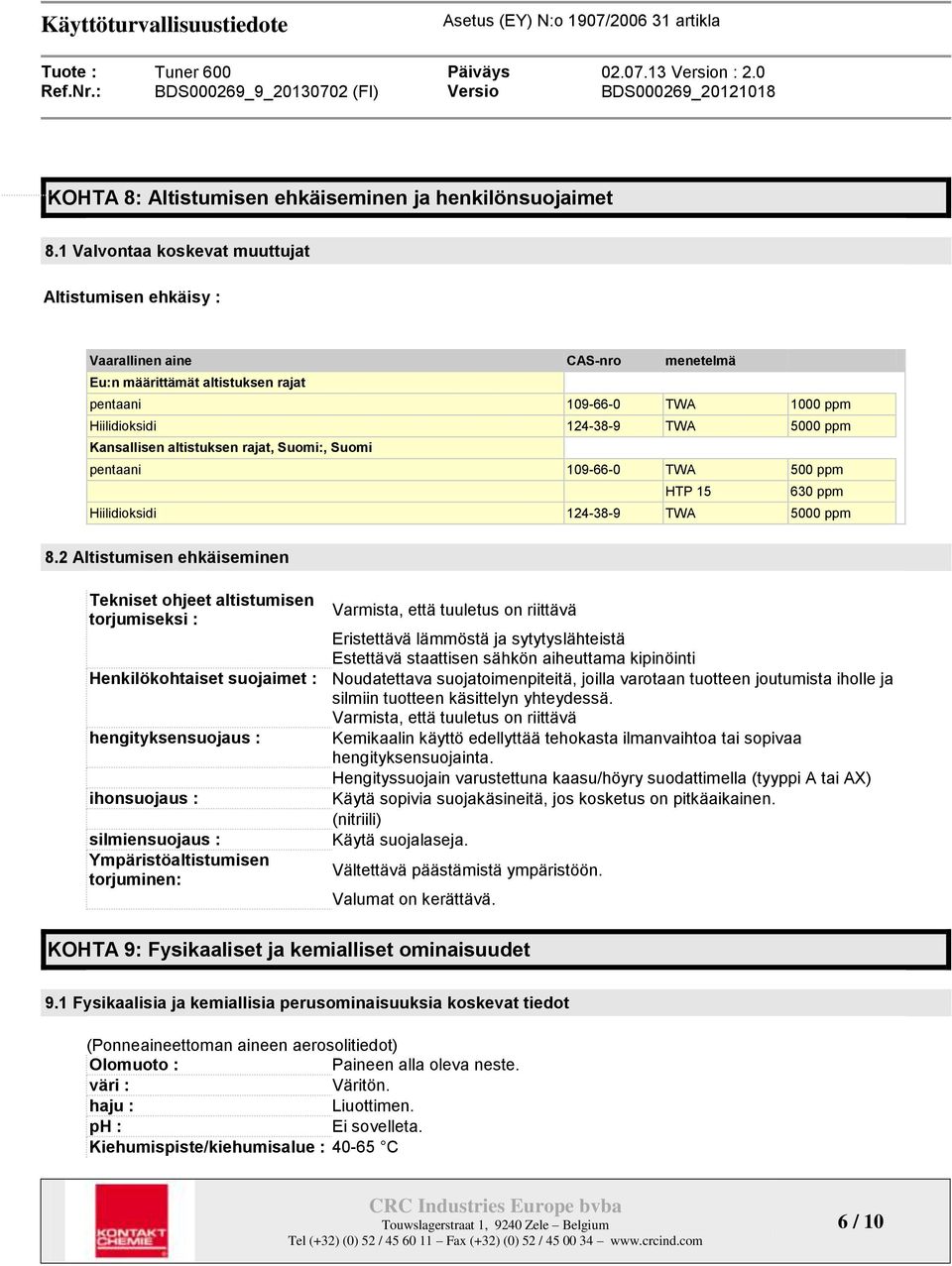 Kansallisen altistuksen rajat, Suomi:, Suomi pentaani 109-66-0 TWA 500 ppm HTP 15 630 ppm Hiilidioksidi 124-38-9 TWA 5000 ppm 8.