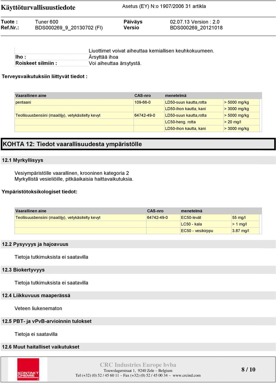 vetykäsitelty kevyt 64742-49-0 LD50-suun kautta,rotta > 5000 mg/kg LC50-heng. rotta > 20 mg/l LD50-ihon kautta, kani > 3000 mg/kg KOHTA 12: Tiedot vaarallisuudesta ympäristölle 12.