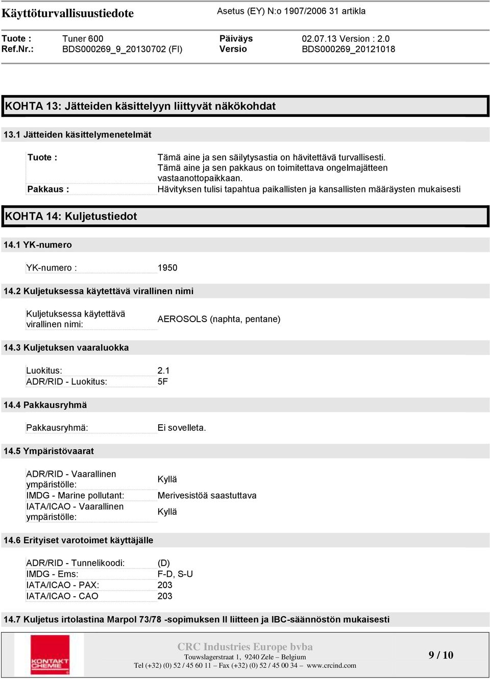 1 YK-numero YK-numero : 1950 14.2 Kuljetuksessa käytettävä virallinen nimi Kuljetuksessa käytettävä virallinen nimi: AEROSOLS (naphta, pentane) 14.3 Kuljetuksen vaaraluokka Luokitus: 2.