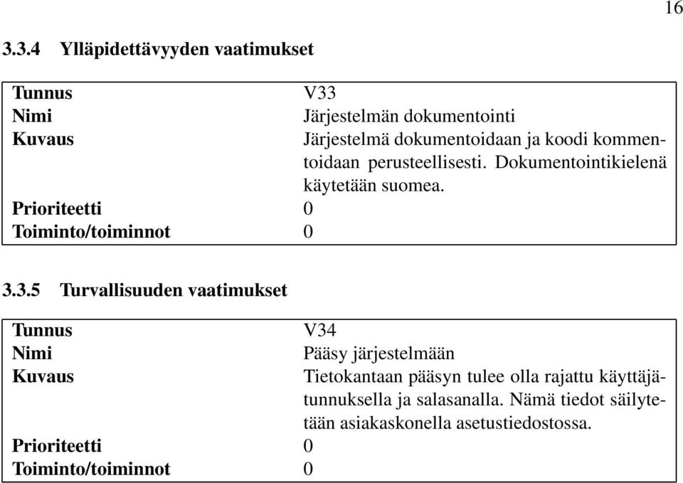 3.5 Turvallisuuden vaatimukset Prioriteetti 0 0 V34 Pääsy järjestelmään Tietokantaan pääsyn tulee