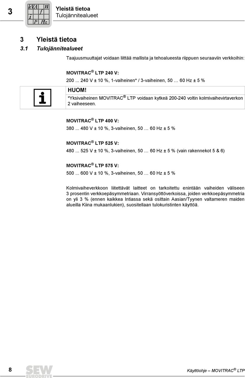 *Yksivaiheinen MOVITRAC LTP voidaan kytkeä 200-240 voltin kolmivaihevirtaverkon 2 vaiheeseen. MOVITRAC LTP 400 V: 380... 480 V ± 10 %, 3-vaiheinen, 50 60 Hz ± 5 % MOVITRAC LTP 525 V: 480.