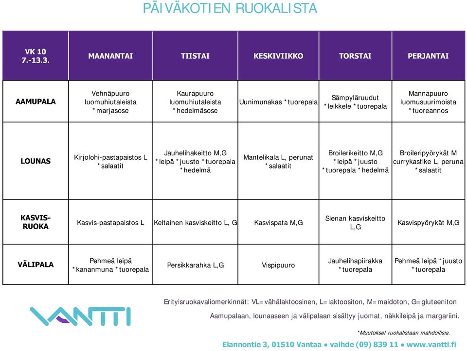 Kirjolohi-pastapaistos L Jauhelihakeitto M,G *leipä *juusto Mantelikala L, perunat Broilerikeitto M,G *leipä