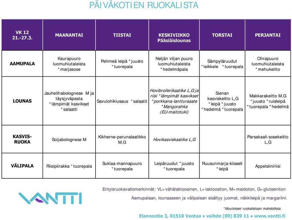 *mehukeitto Jauhelihabolognese M ja täysjyväpasta *lämpimät kasvikset *salaatti Savulohikiusaus Hovibroilerikastike ja Sienan riisi *lämpimät kasvikset