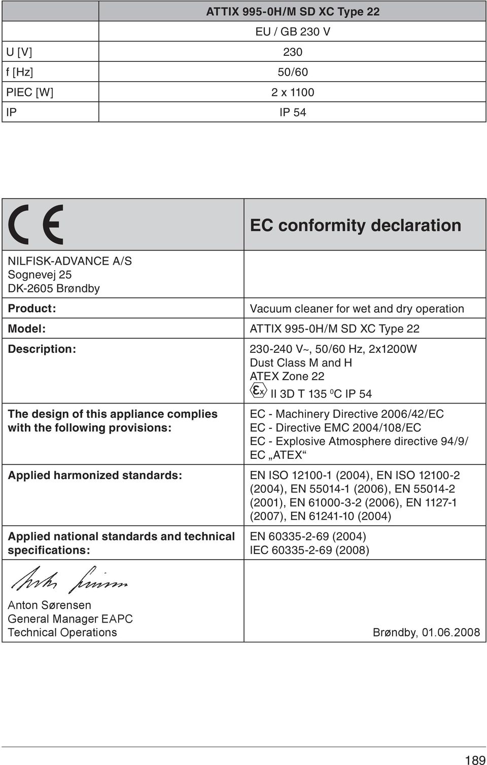 EC - Machinery Directive 006/4/EC EC - Directive EMC 004/108/EC EC - Explosive Atmosphere directive 94/9/ EC ATEX Applied harmonized standards: EN ISO 1100-1 (004), EN ISO 1100- (004), EN 55014-1