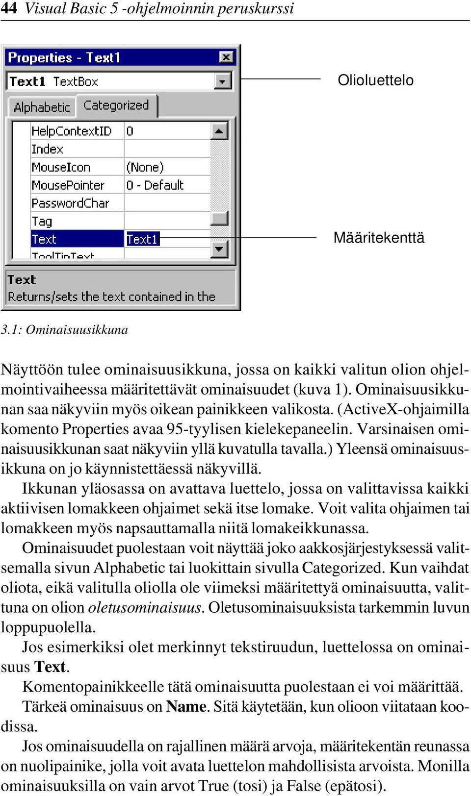 Ominaisuusikkunan saa näkyviin myös oikean painikkeen valikosta. (ActiveX-ohjaimilla komento Properties avaa 95-tyylisen kielekepaneelin.