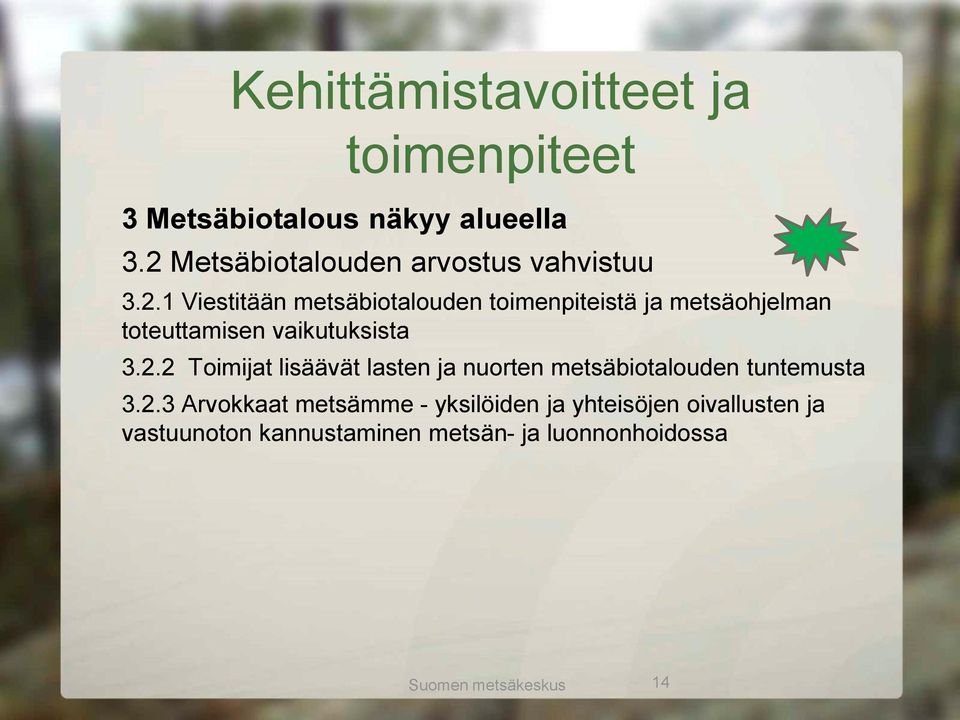 2.2 Toimijat lisäävät lasten ja nuorten metsäbiotalouden tuntemusta 3.2.3 Arvokkaat metsämme -