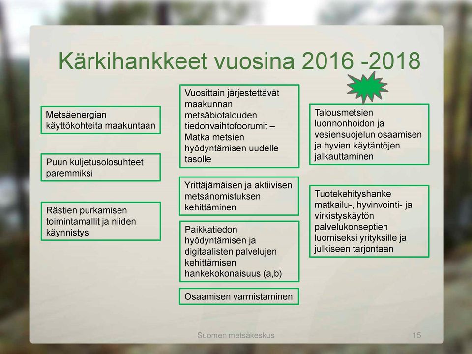 Paikkatiedon hyödyntämisen ja digitaalisten palvelujen kehittämisen hankekokonaisuus (a,b) Osaamisen varmistaminen Talousmetsien luonnonhoidon ja vesiensuojelun osaamisen ja