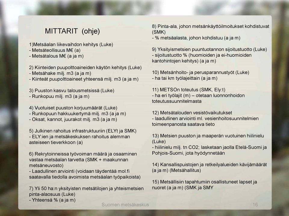 m3 (a ja m) 8) Pinta-ala, johon metsänkäyttöilmoitukset kohdistuvat (SMK) - % metsäalasta, johon kohdistuu (a ja m) 9) Yksityismetsien puuntuotannon sijoitustuotto (Luke) - sijoitustuotto %
