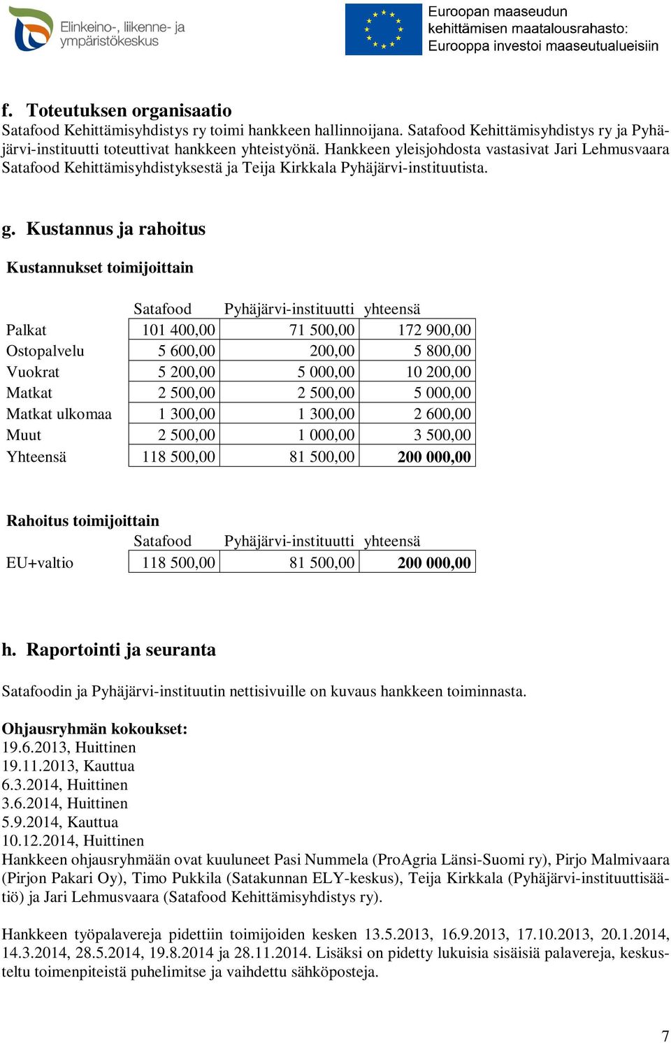 Kustannus ja rahoitus Kustannukset toimijoittain Satafood Pyhäjärvi-instituutti yhteensä Palkat 101 400,00 71 500,00 172 900,00 Ostopalvelu 5 600,00 200,00 5 800,00 Vuokrat 5 200,00 5 000,00 10