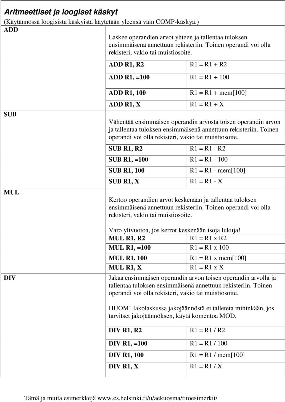 ADD R1, R2 R1 = R1 + R2 ADD R1, =100 R1 = R1 + 100 SUB MUL DIV ADD R1, 100 ADD R1, X R1 = R1 + mem[100] R1 = R1 + X Vähentää ensimmäisen operandin arvosta toisen operandin arvon ja tallentaa tuloksen